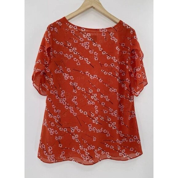 Cabi Chiffon Cherry Blossom Orange Red Floral Split Short Sleeve Top Sz M #5712 - Picture 2 of 10